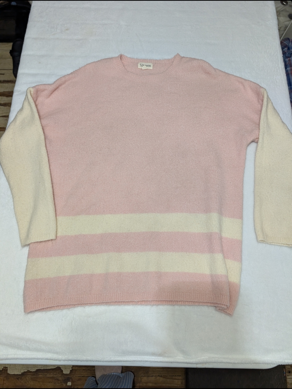 Seven7 Pink and Cream Striped Crewneck Sweater Size Large - Picture 2 of 4